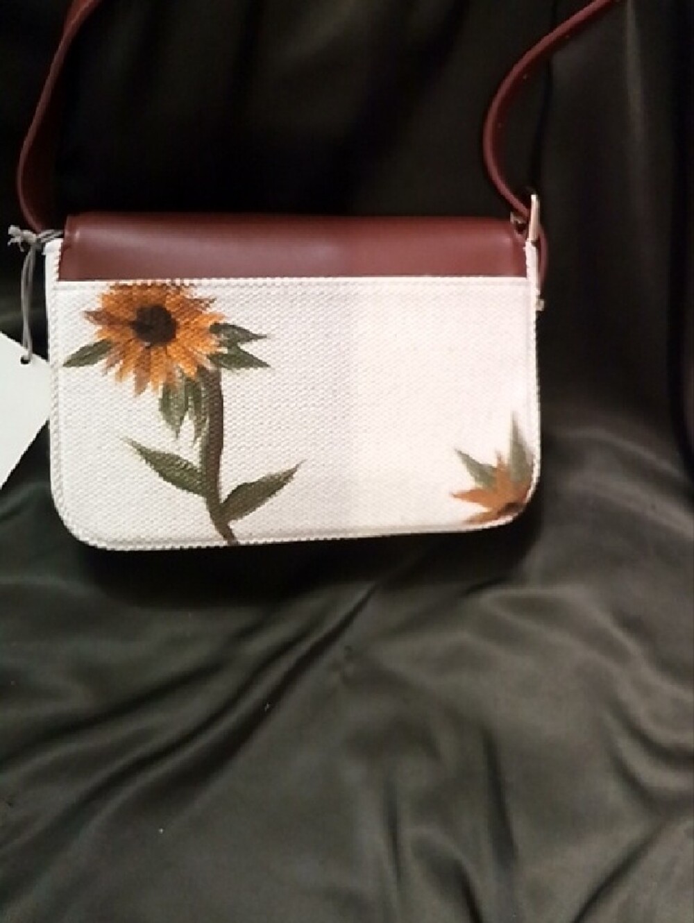 Hand Crafted Brown Leather Flap Crossbody with Sunflower Accent - Picture 4 of 4